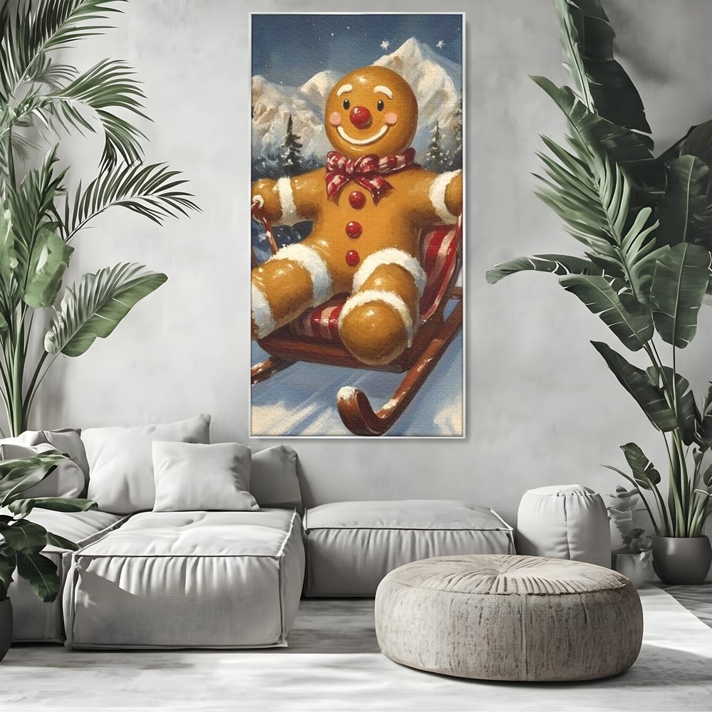 Tablou canvas cu tablou canvas omulet de turtita pe sanie, in rama de aluminiu argintiu, pe perete intr-un living